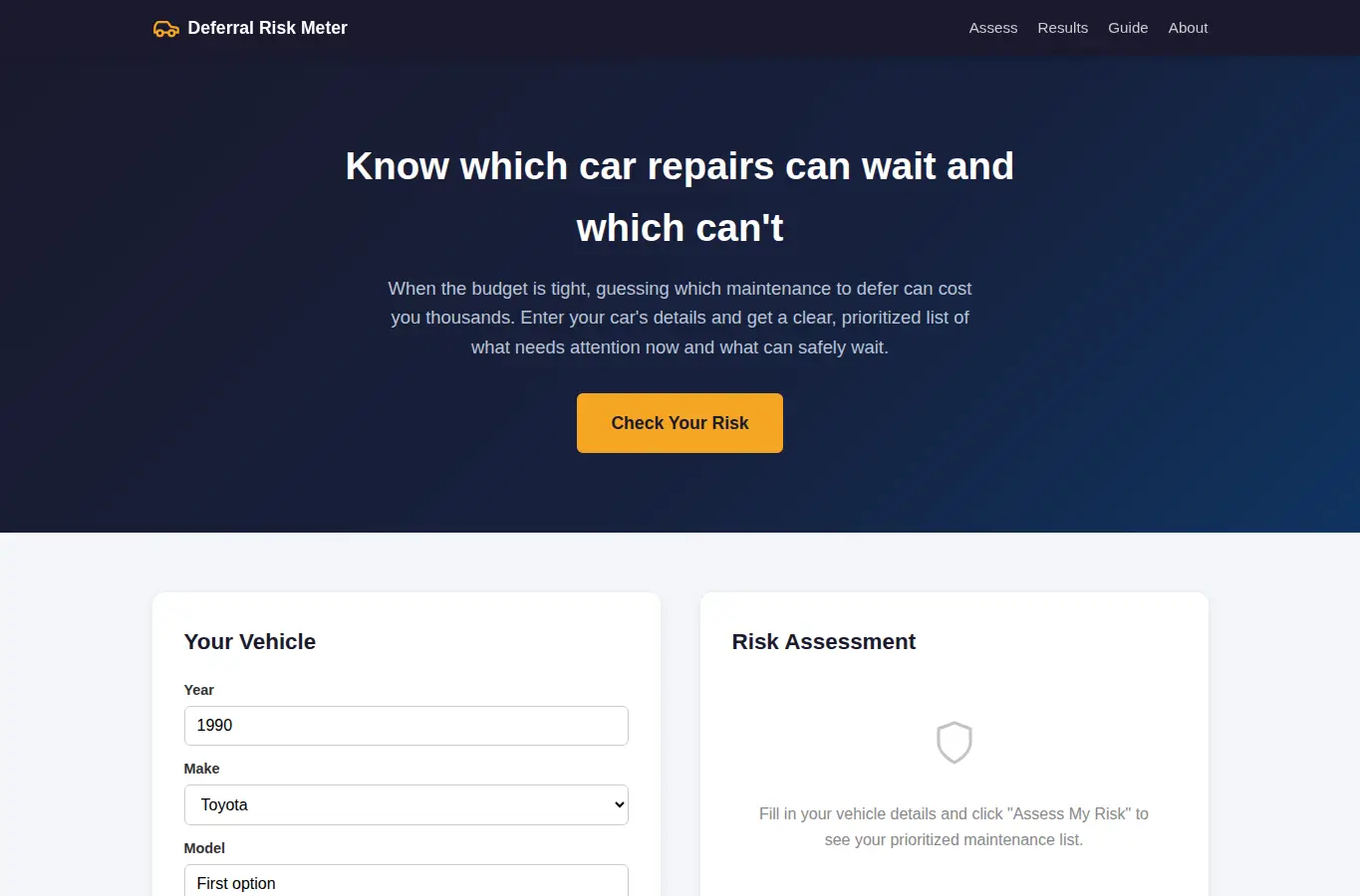 Screenshot of Car Maintenance Deferral Risk Meter interface showing the project page in use